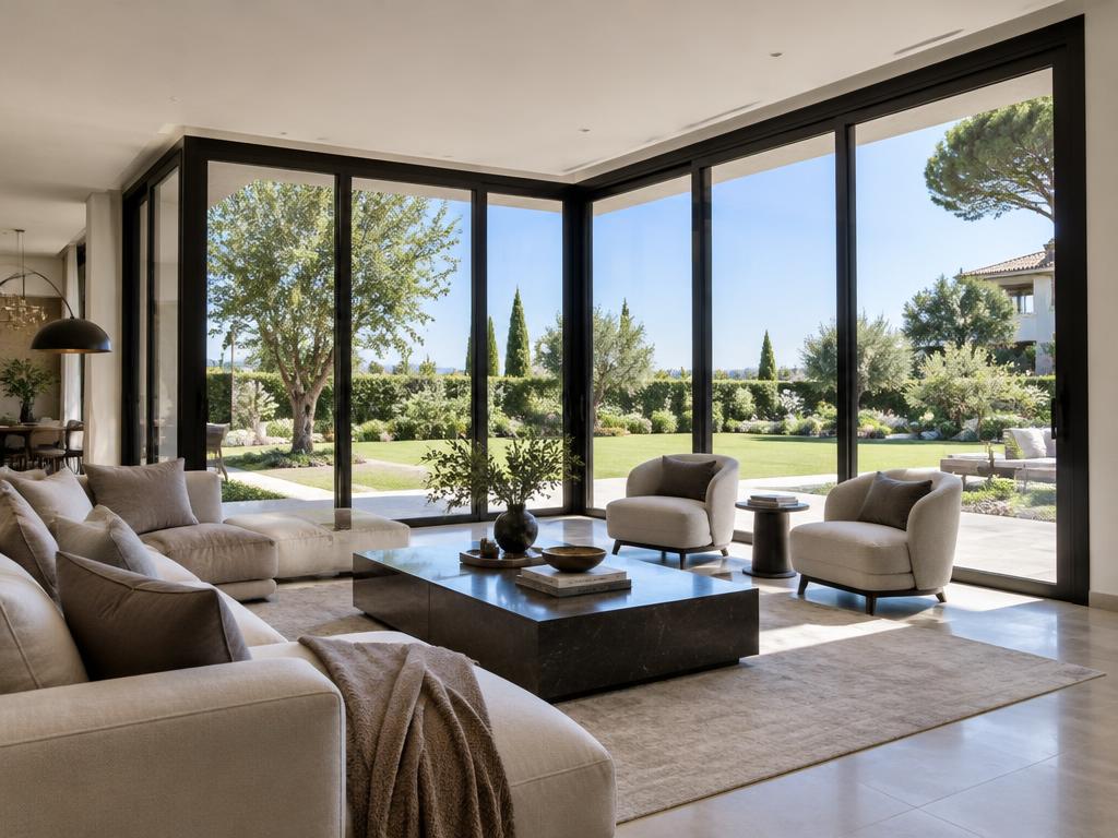 Grandes baies vitrées coulissantes en aluminium noir ouvrant sur un jardin