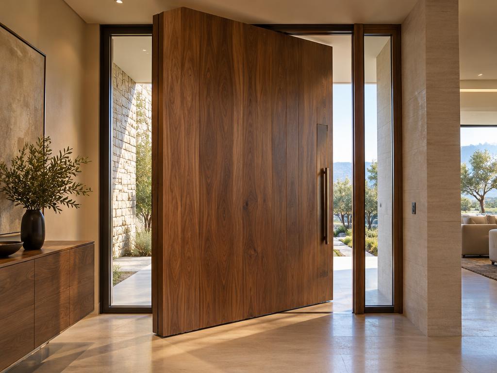 Porte pivotante en noyer massif dans l'entrée d'une villa contemporaine