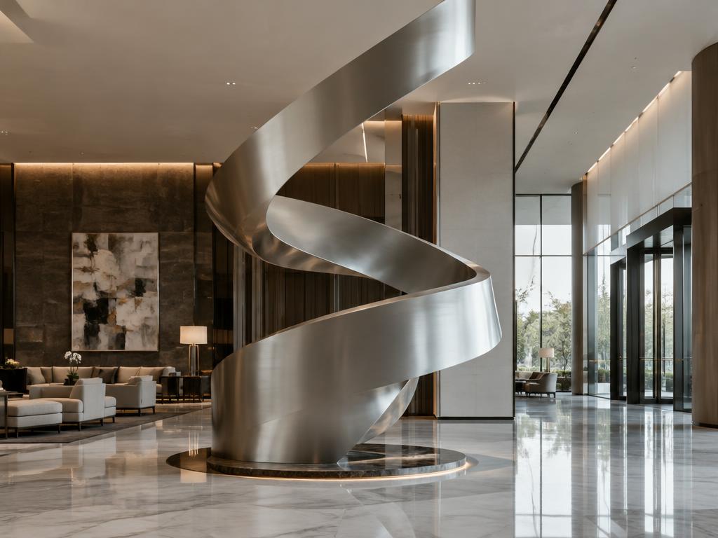 Inspiration — Ouvrage architectural sculptural en acier inoxydable satiné dans un hall d'hôtel