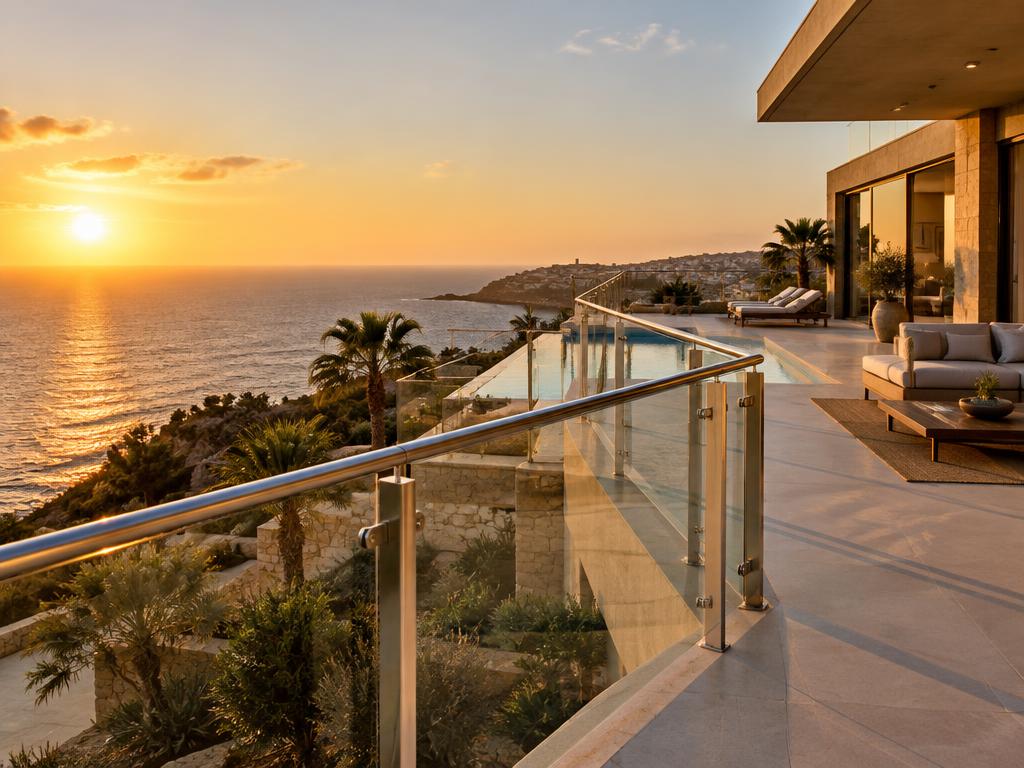 Inspiration — Garde-corps en inox brossé et verre sur la terrasse d'une villa face à la mer